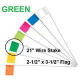 100 Wire Marking Flags, 2.5" x 3.5" GREEN polyethylene 3 mil flag, 21" long wire